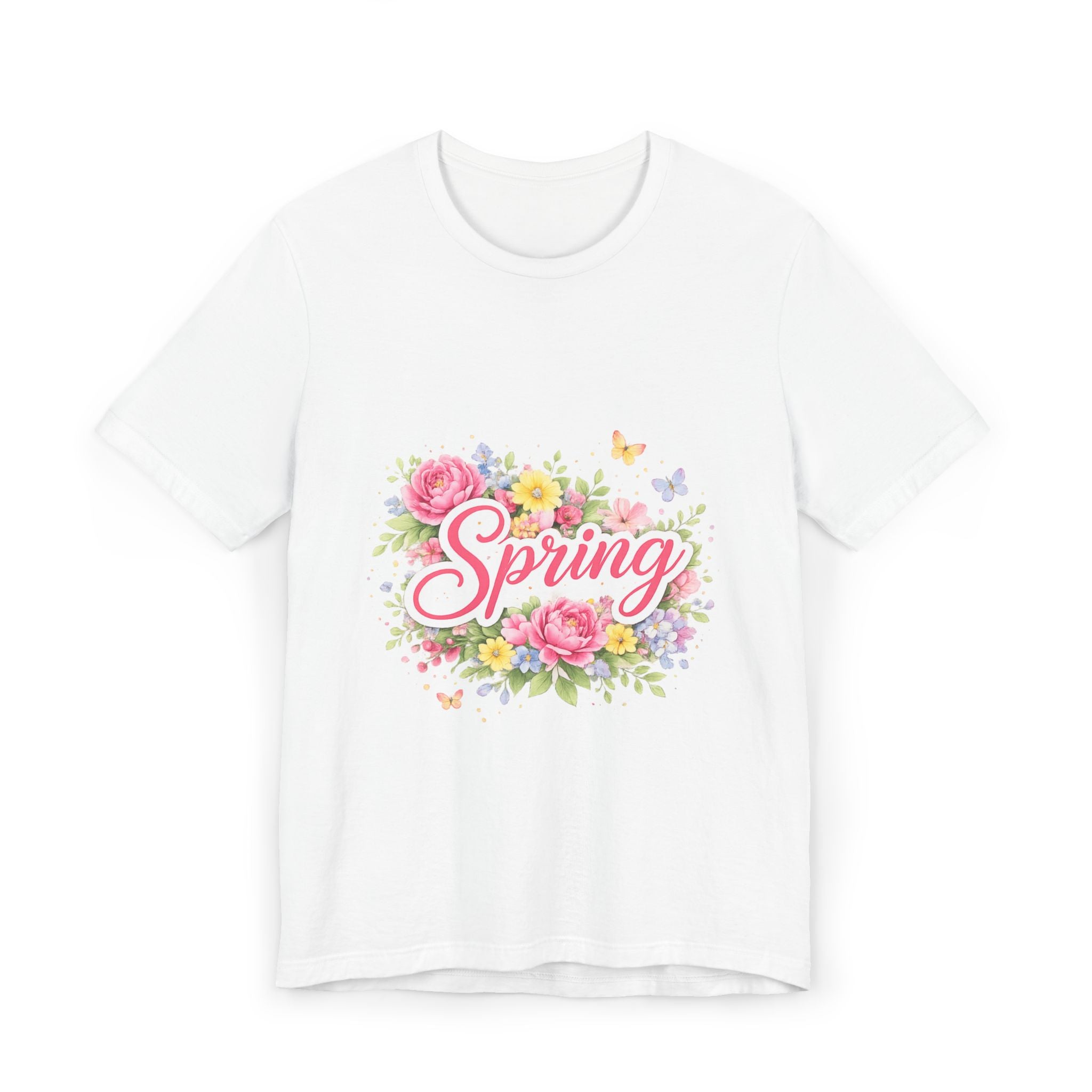 Spring floral script T-Shirt | floral bouquet, butterflies, pastel flowers
