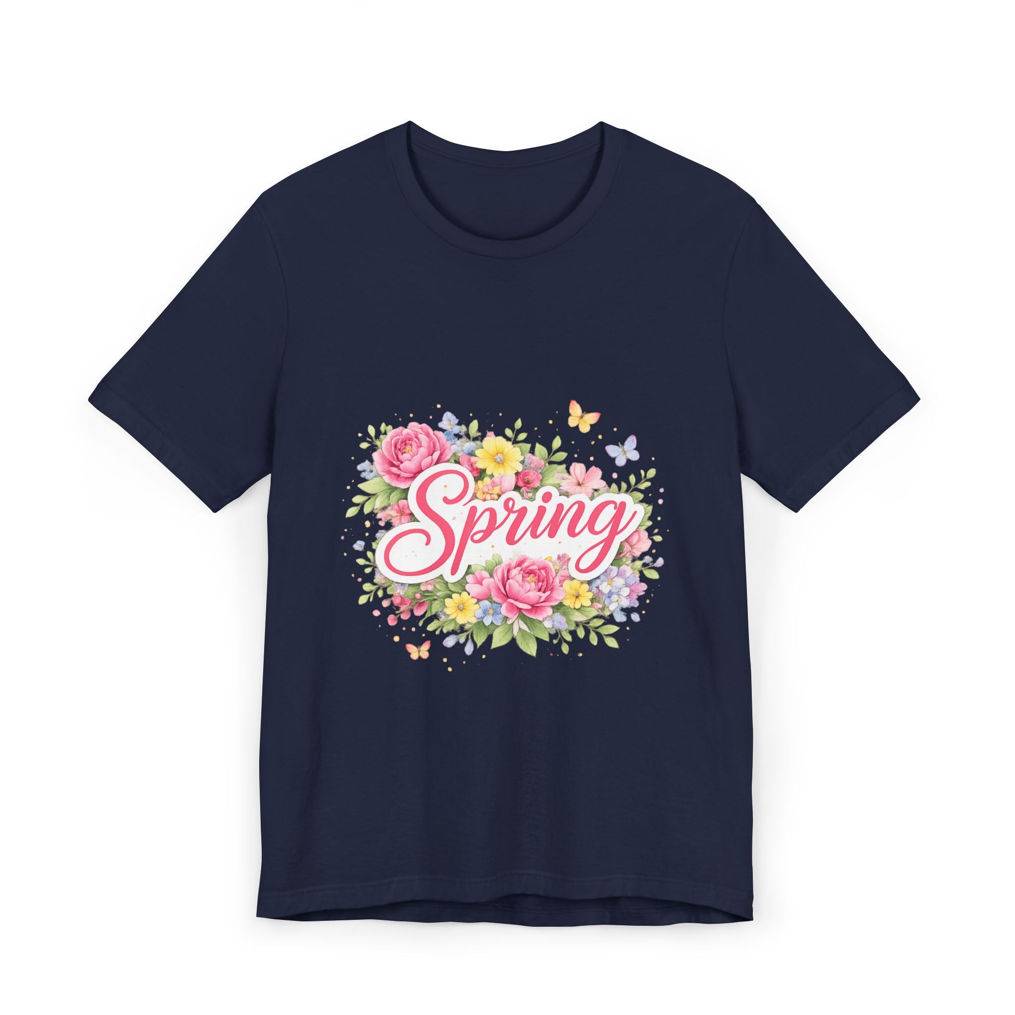 Spring floral script T-Shirt | floral bouquet, butterflies, pastel flowers