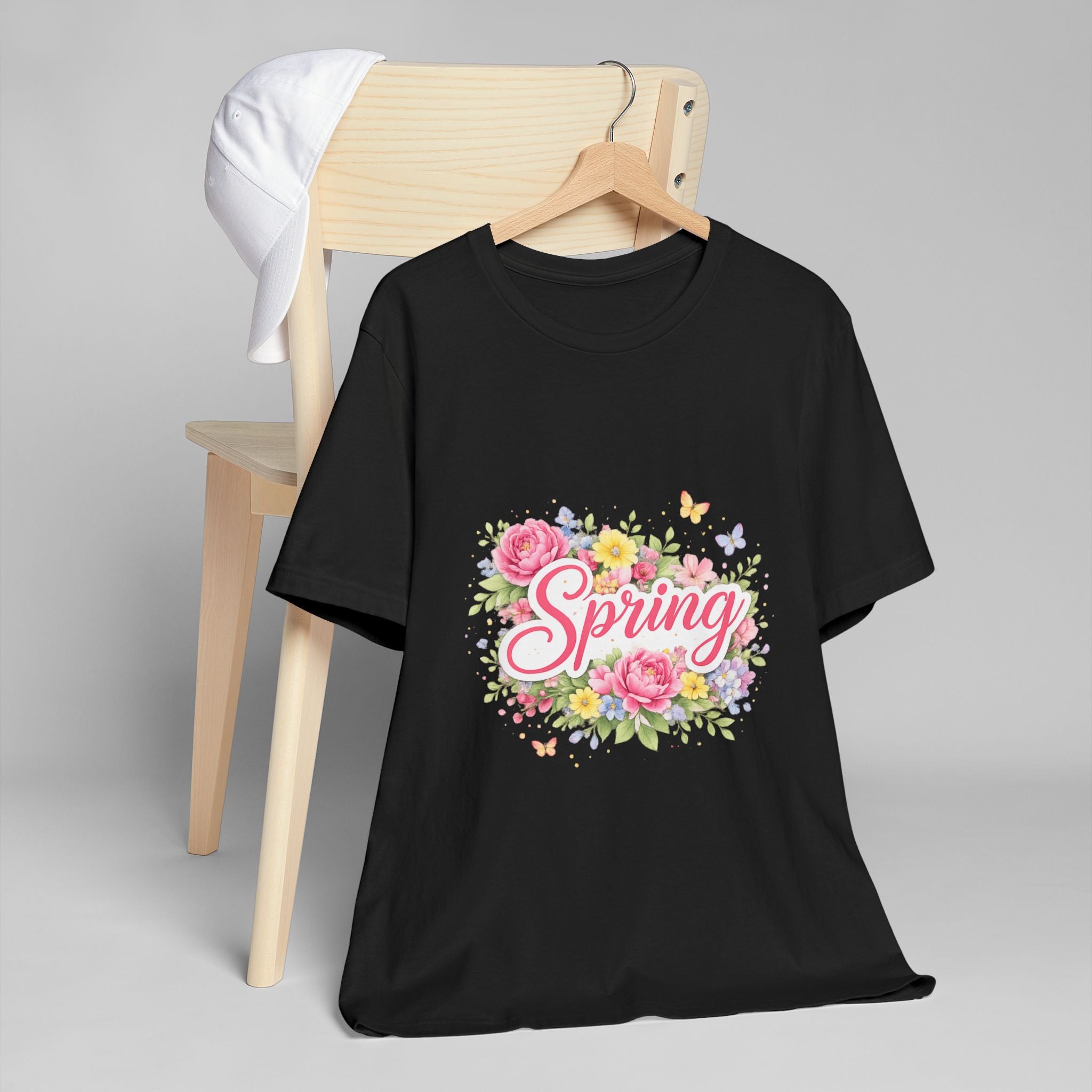 Spring floral script T-Shirt | floral bouquet, butterflies, pastel flowers