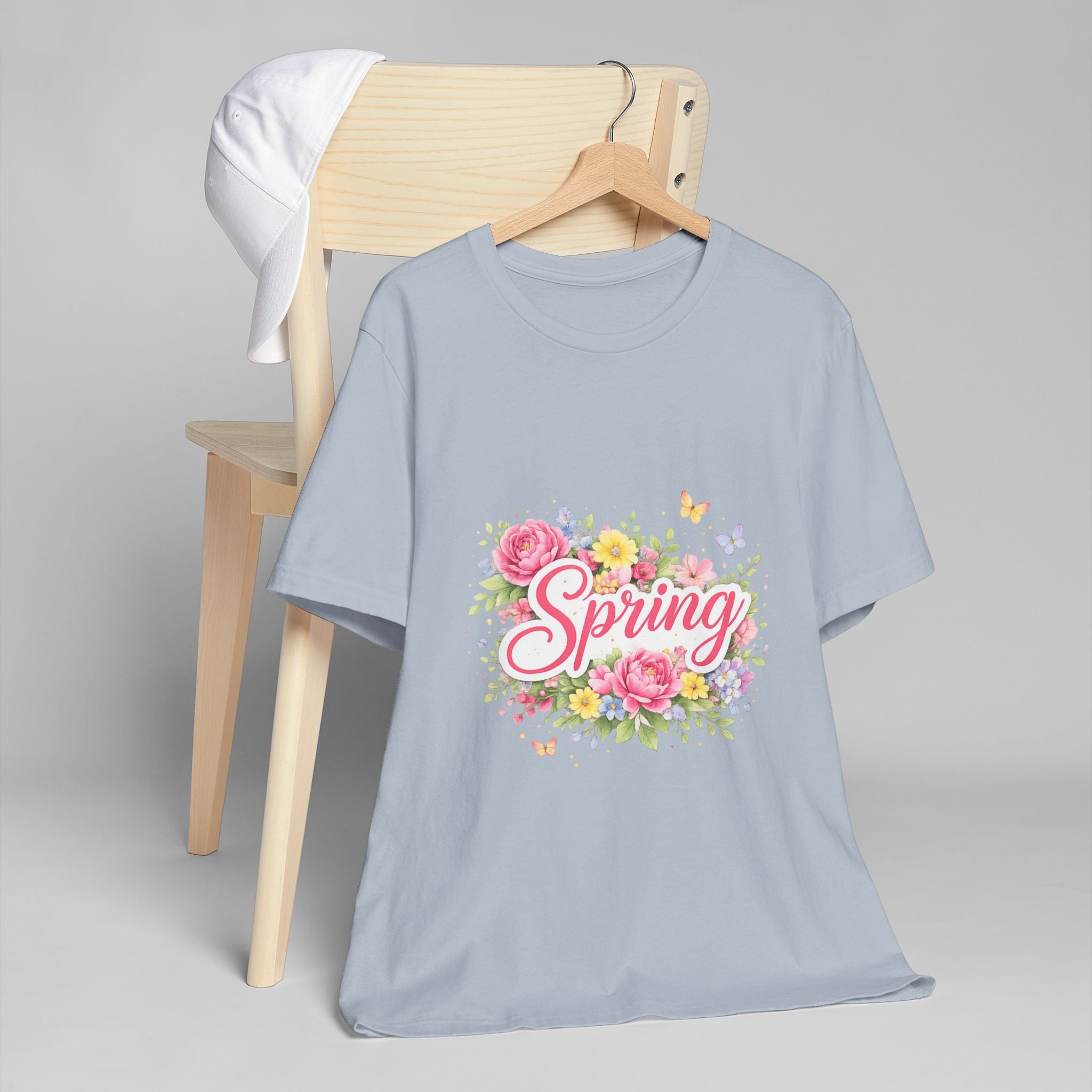 Spring floral script T-Shirt | floral bouquet, butterflies, pastel flowers