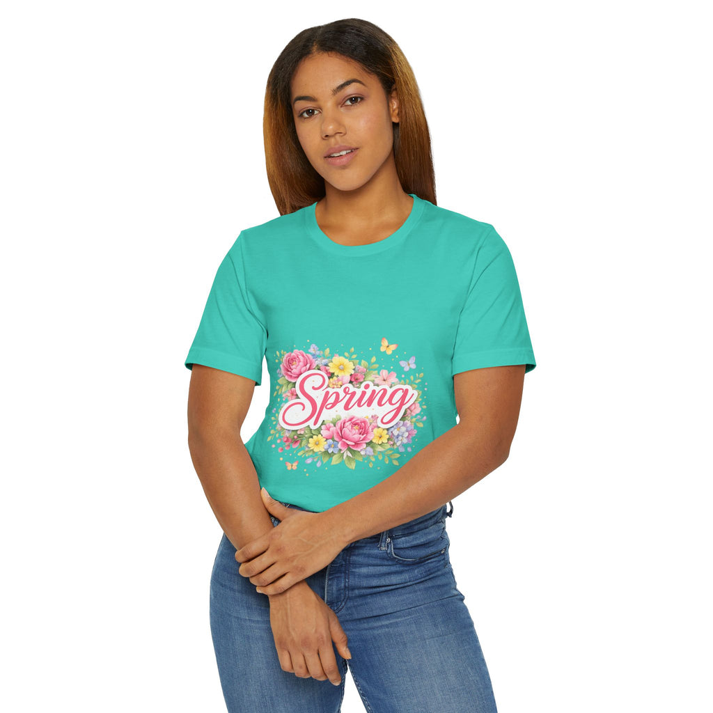 Spring floral script T-Shirt | floral bouquet, butterflies, pastel flowers