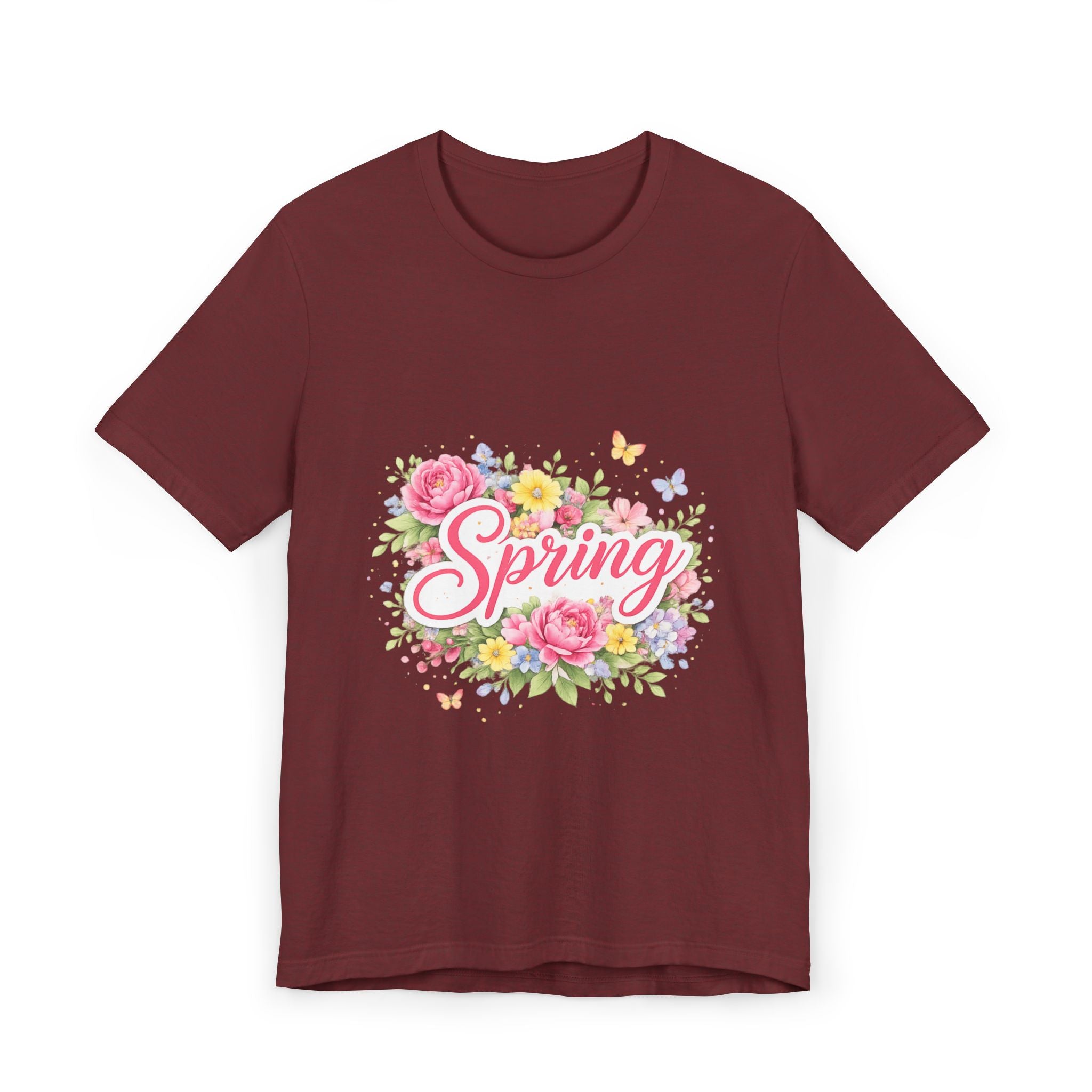 Spring floral script T-Shirt | floral bouquet, butterflies, pastel flowers