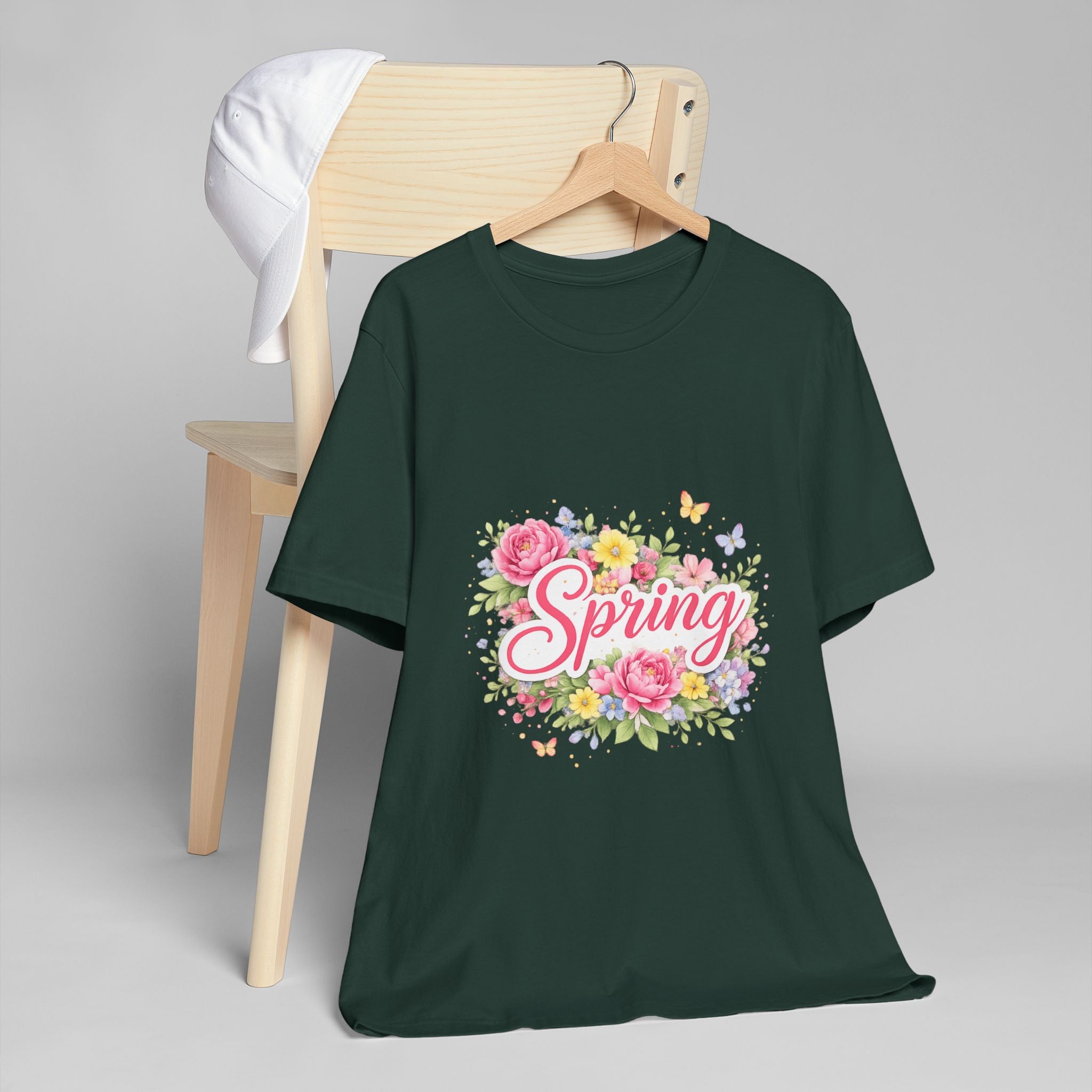 Spring floral script T-Shirt | floral bouquet, butterflies, pastel flowers