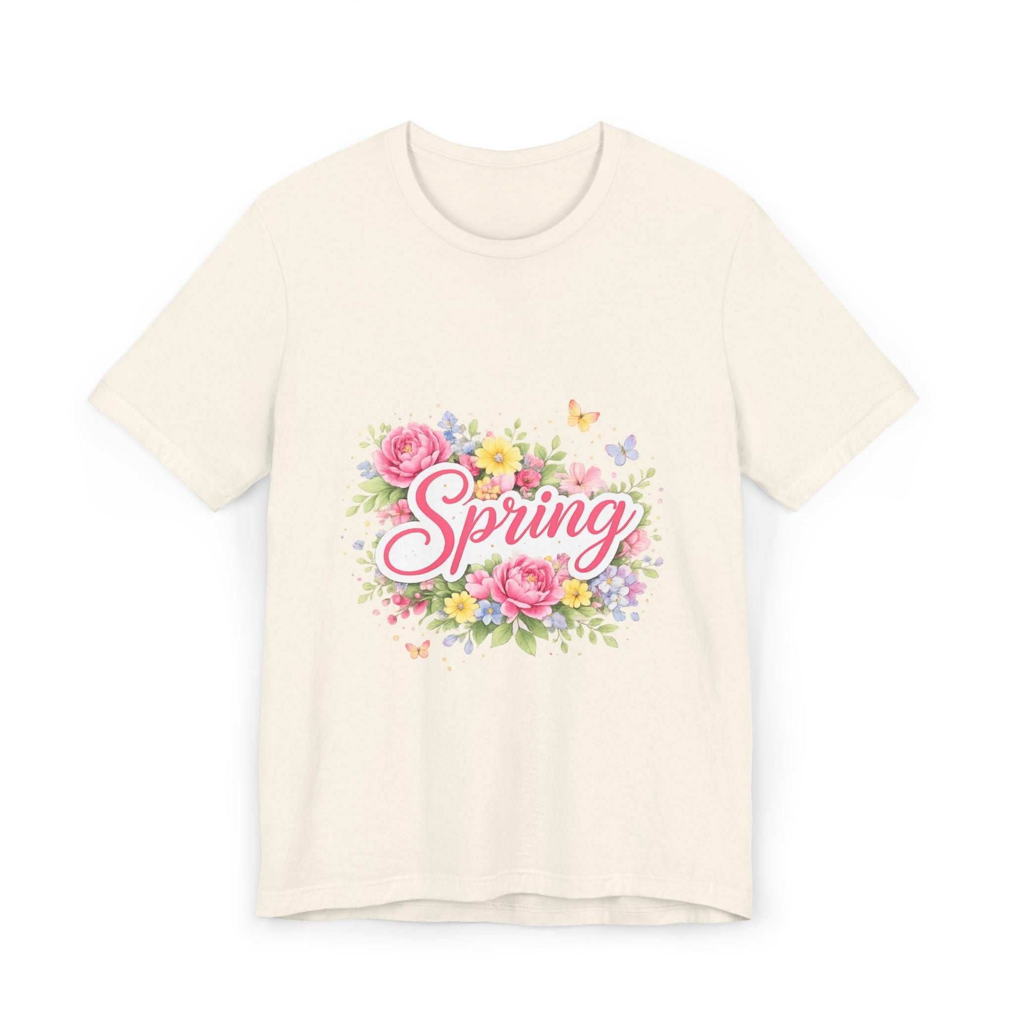 Spring floral script T-Shirt | floral bouquet, butterflies, pastel flowers