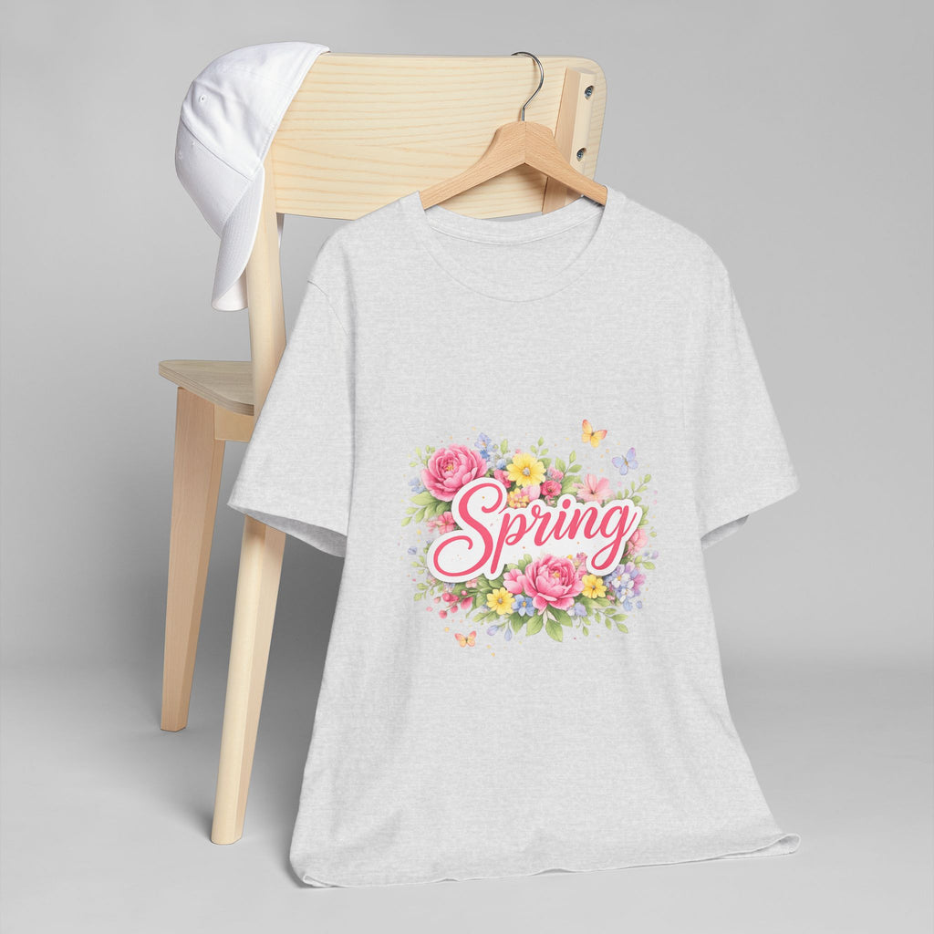 Spring floral script T-Shirt | floral bouquet, butterflies, pastel flowers