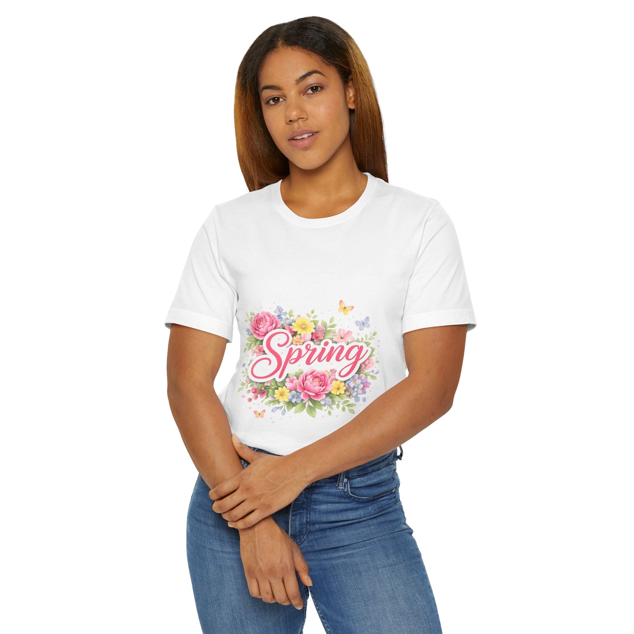Spring floral script T-Shirt | floral bouquet, butterflies, pastel flowers