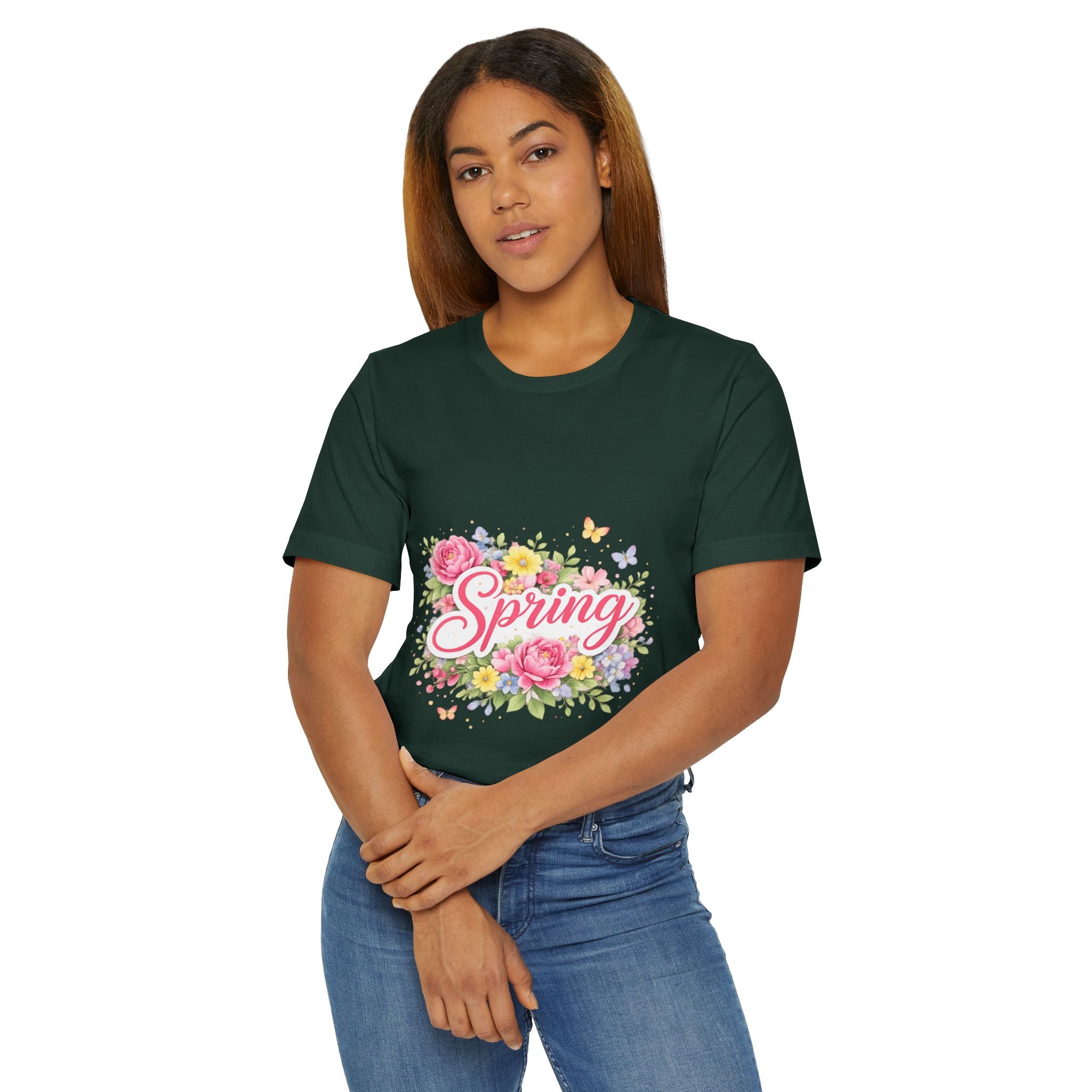 Spring floral script T-Shirt | floral bouquet, butterflies, pastel flowers