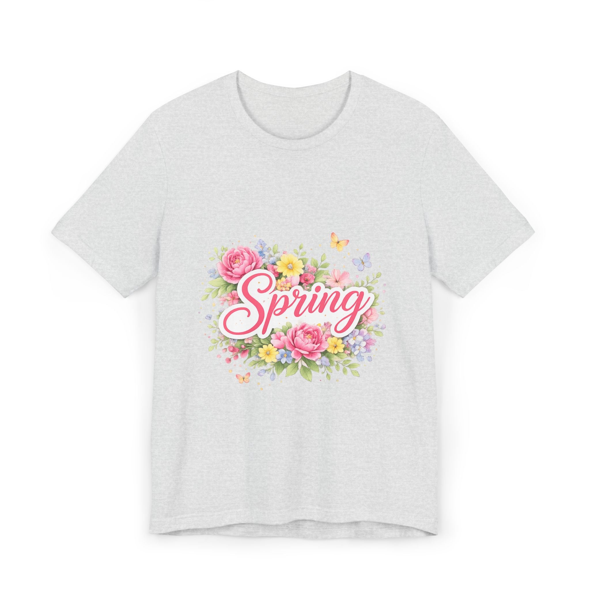 Spring floral script T-Shirt | floral bouquet, butterflies, pastel flowers