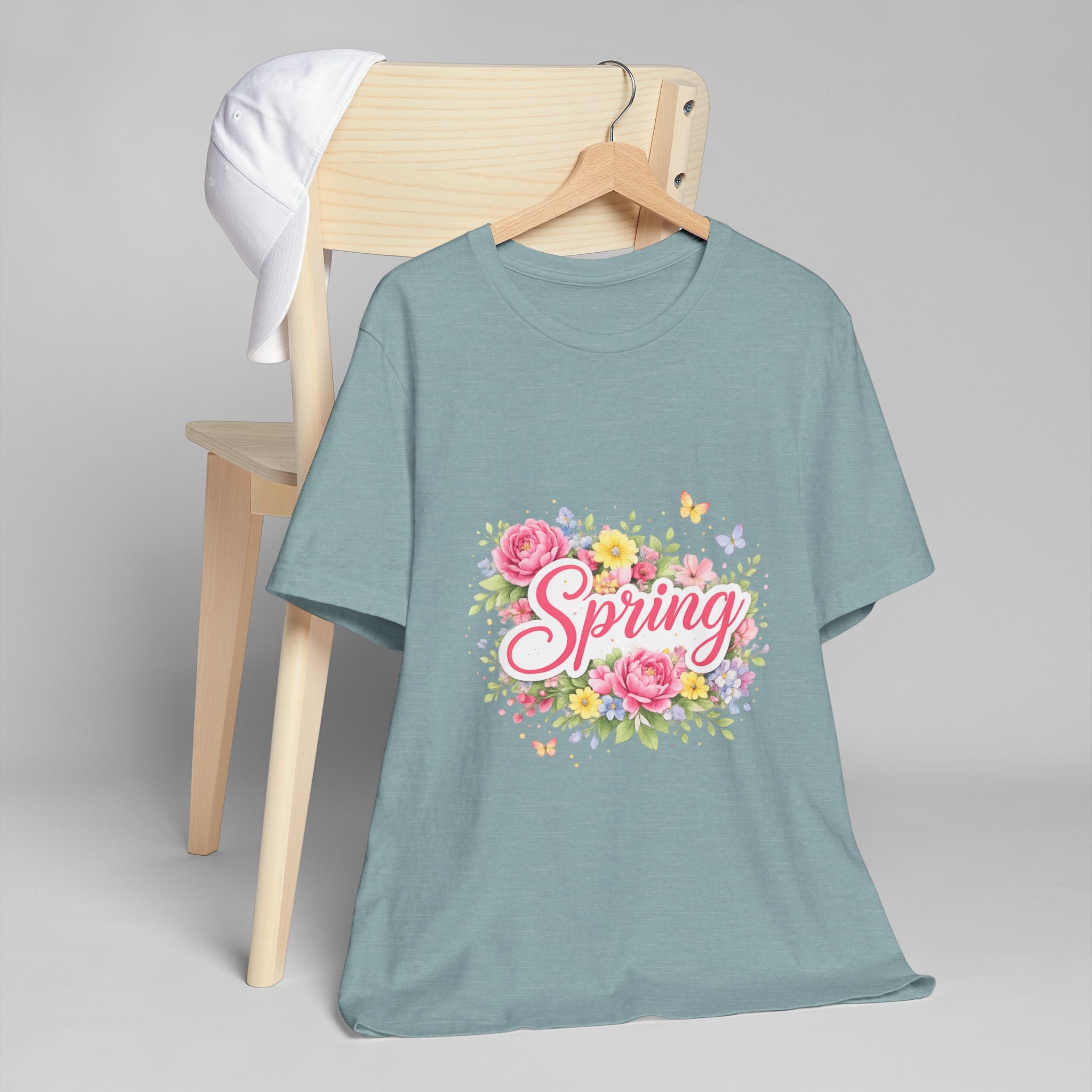 Spring floral script T-Shirt | floral bouquet, butterflies, pastel flowers