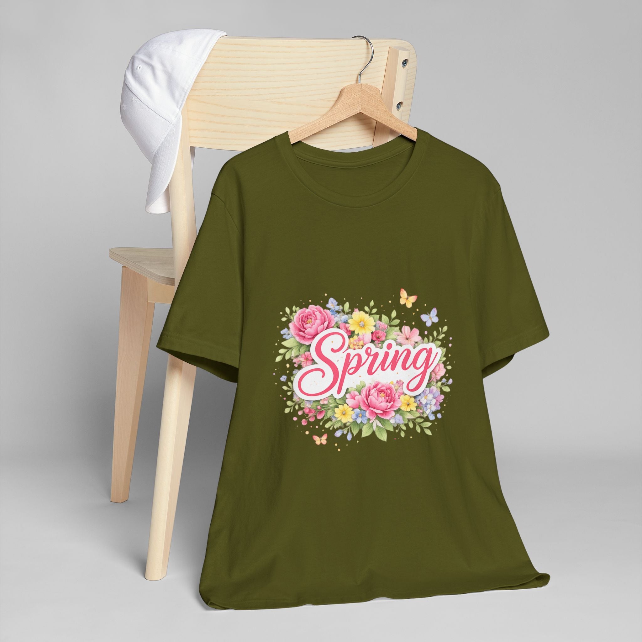 Spring floral script T-Shirt | floral bouquet, butterflies, pastel flowers