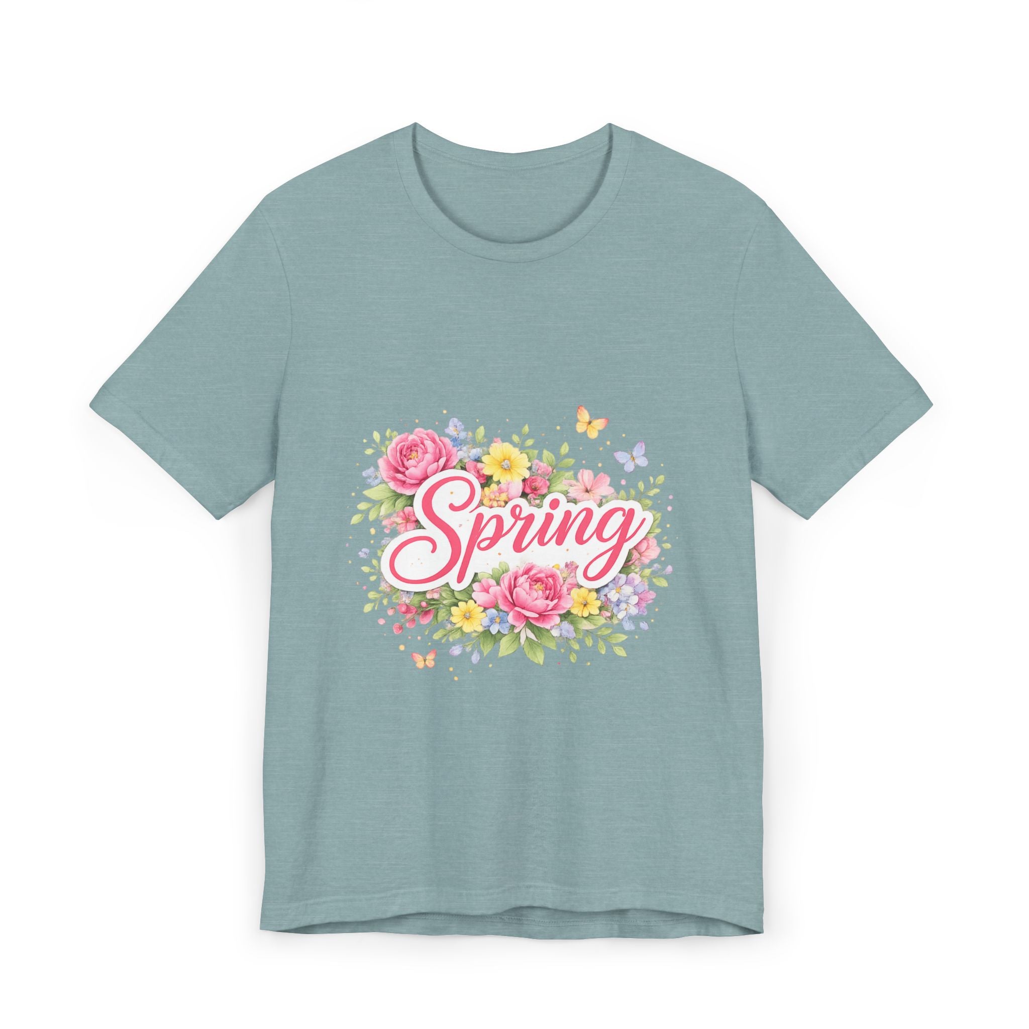 Spring floral script T-Shirt | floral bouquet, butterflies, pastel flowers