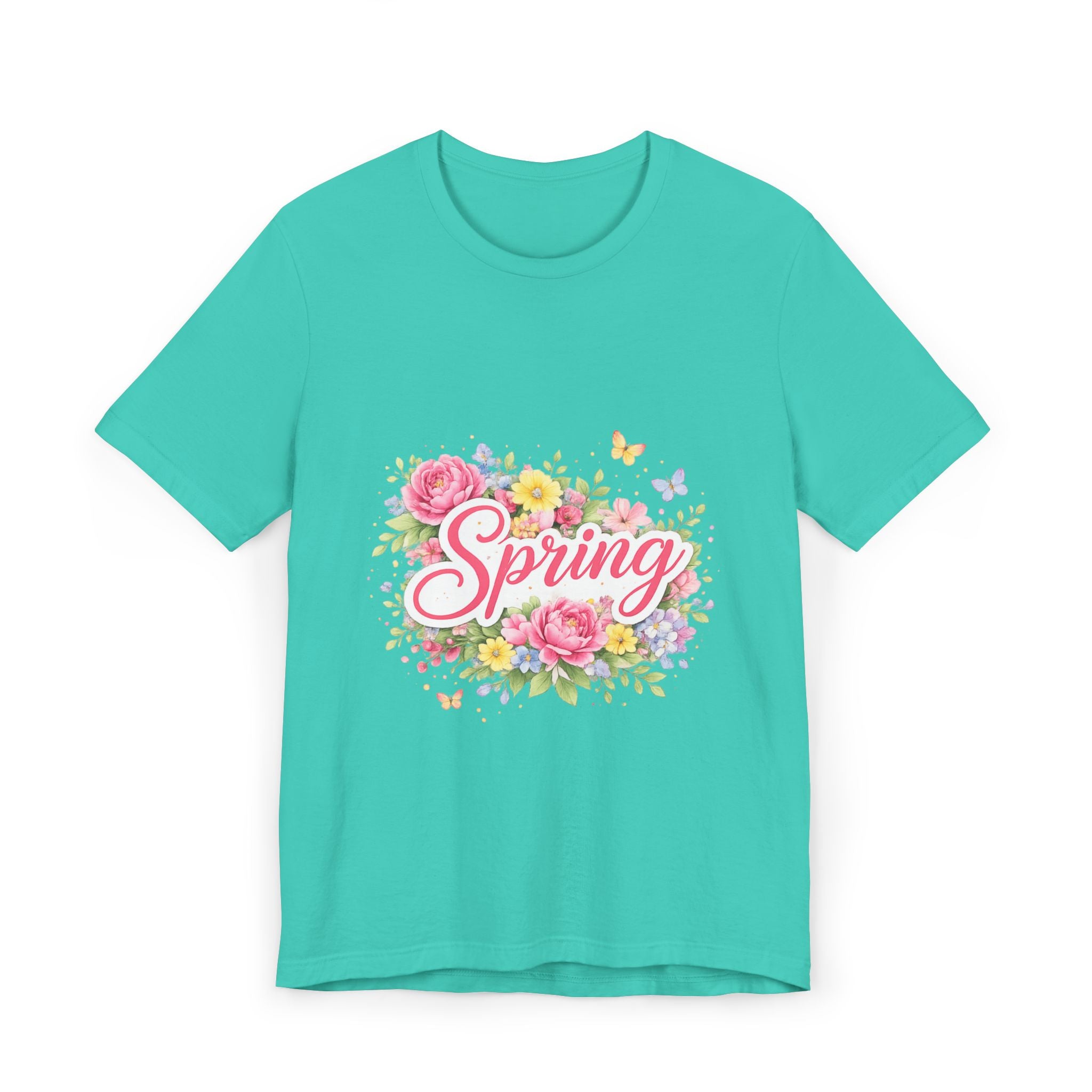 Spring floral script T-Shirt | floral bouquet, butterflies, pastel flowers