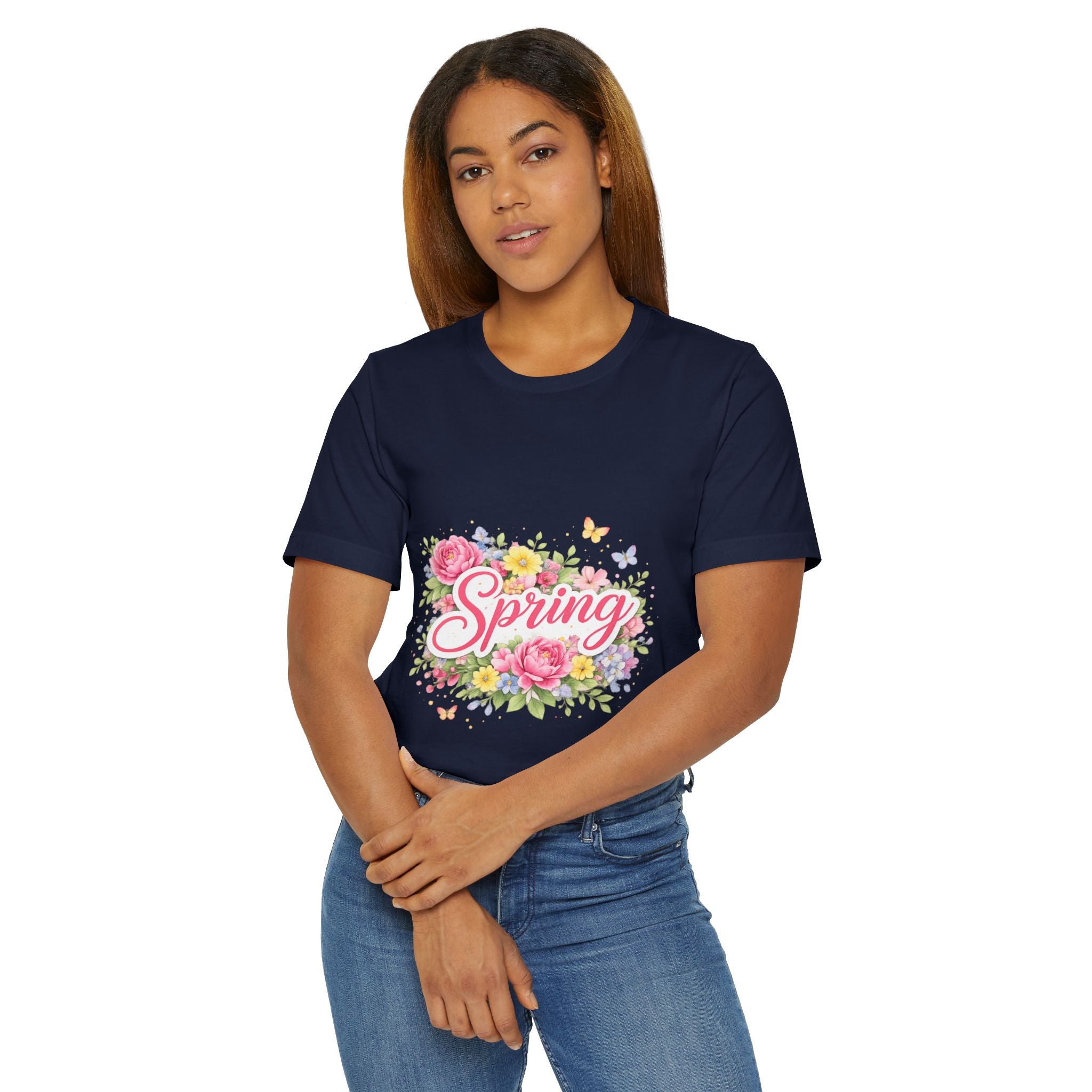 Spring floral script T-Shirt | floral bouquet, butterflies, pastel flowers