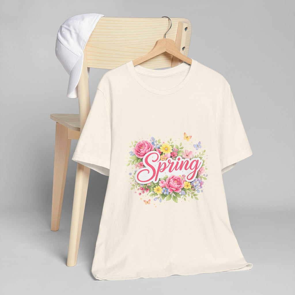 Spring floral script T-Shirt | floral bouquet, butterflies, pastel flowers