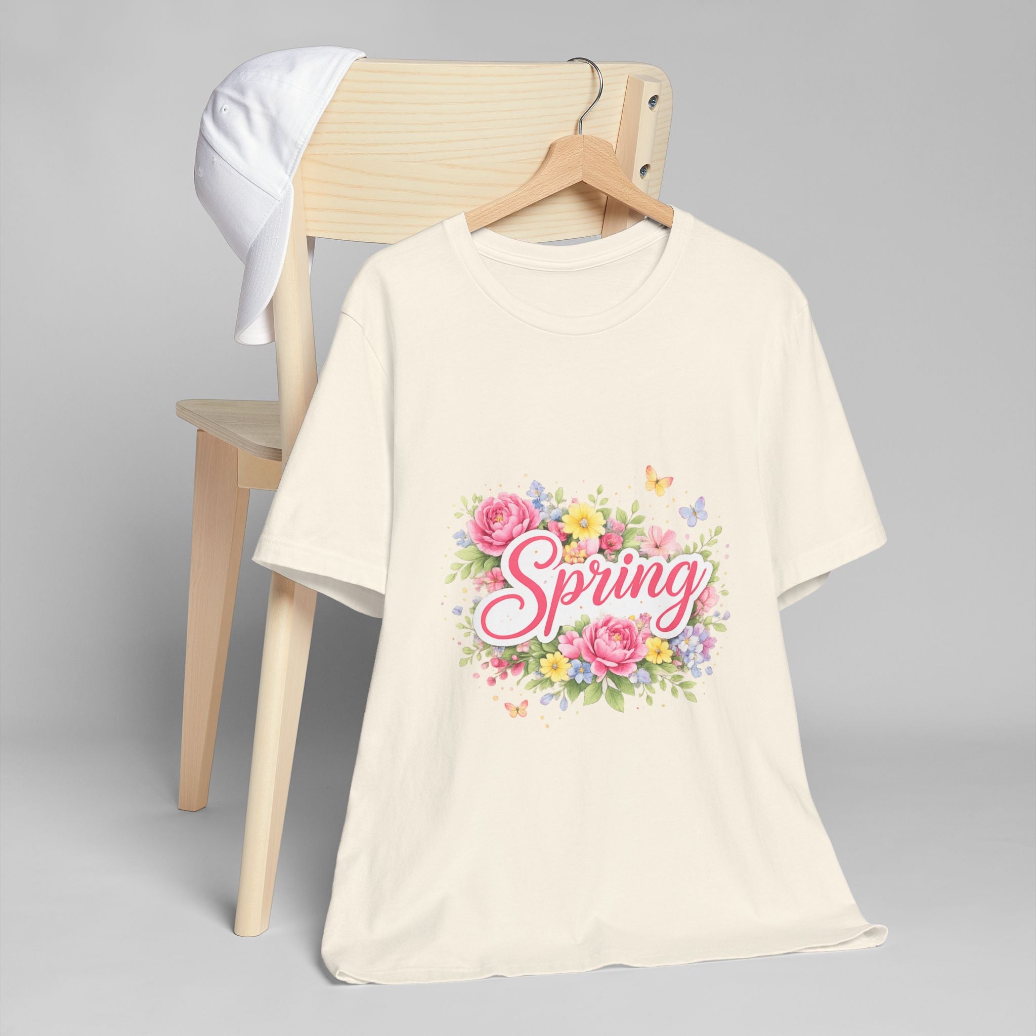 Spring floral script T-Shirt | floral bouquet, butterflies, pastel flowers