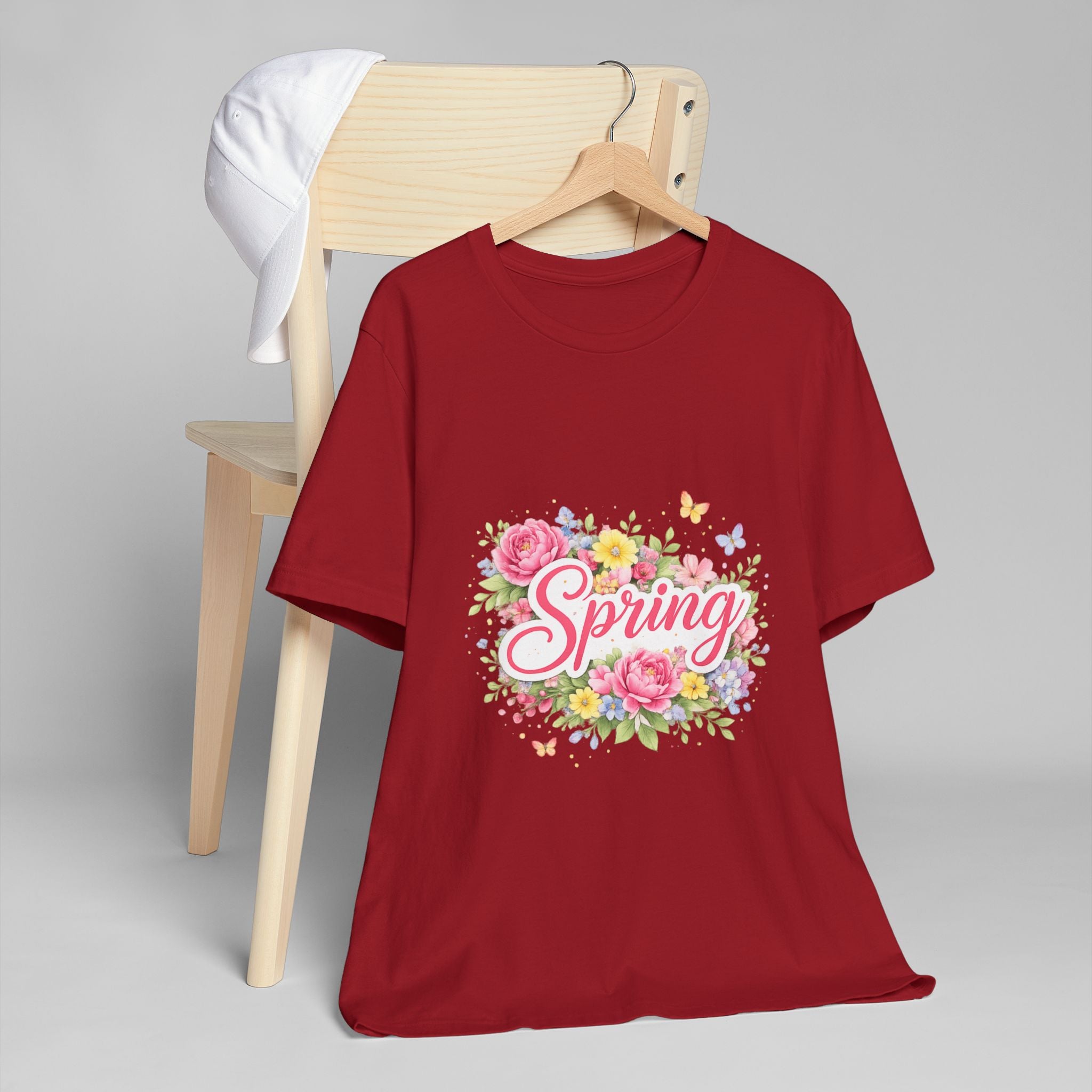 Spring floral script T-Shirt | floral bouquet, butterflies, pastel flowers