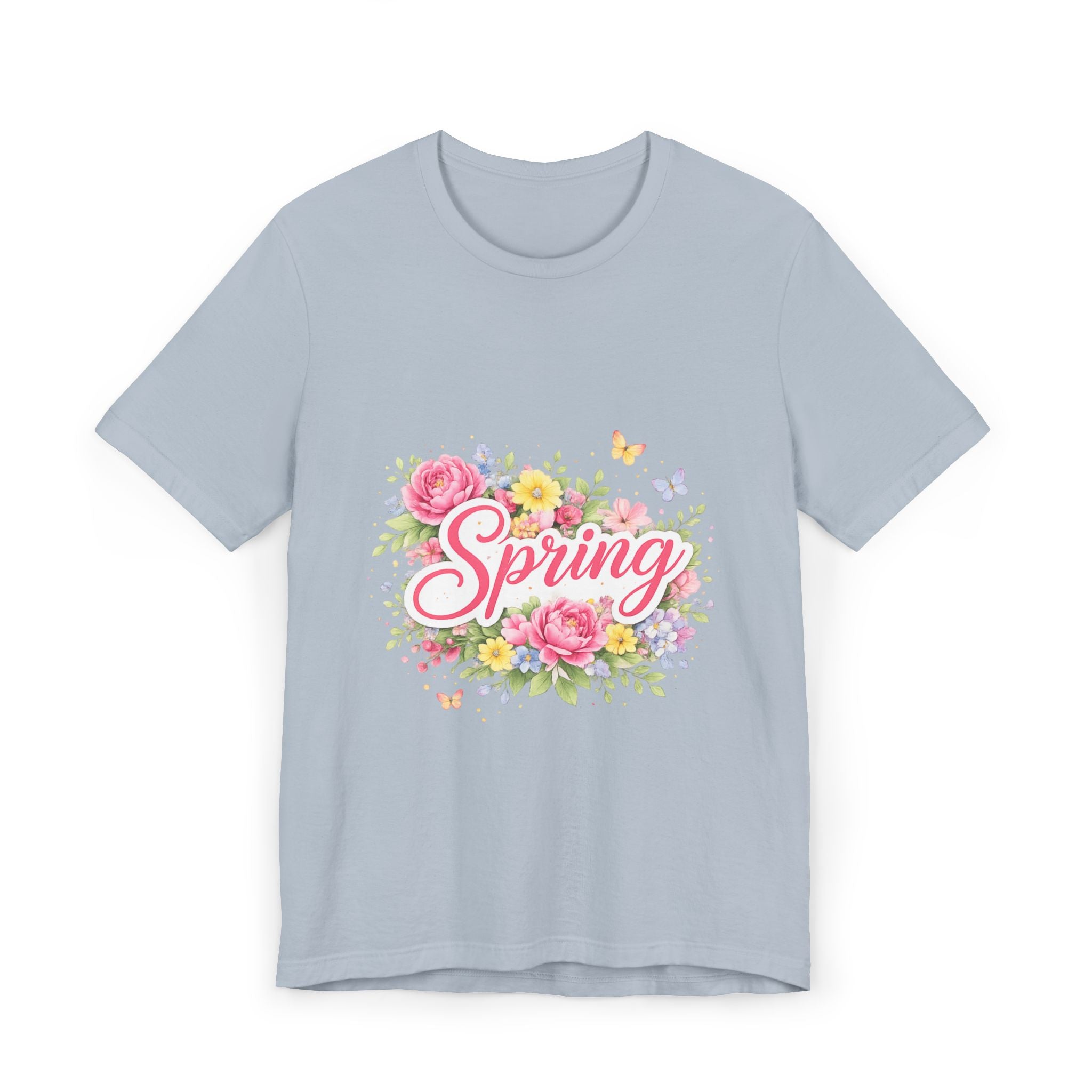 Spring floral script T-Shirt | floral bouquet, butterflies, pastel flowers