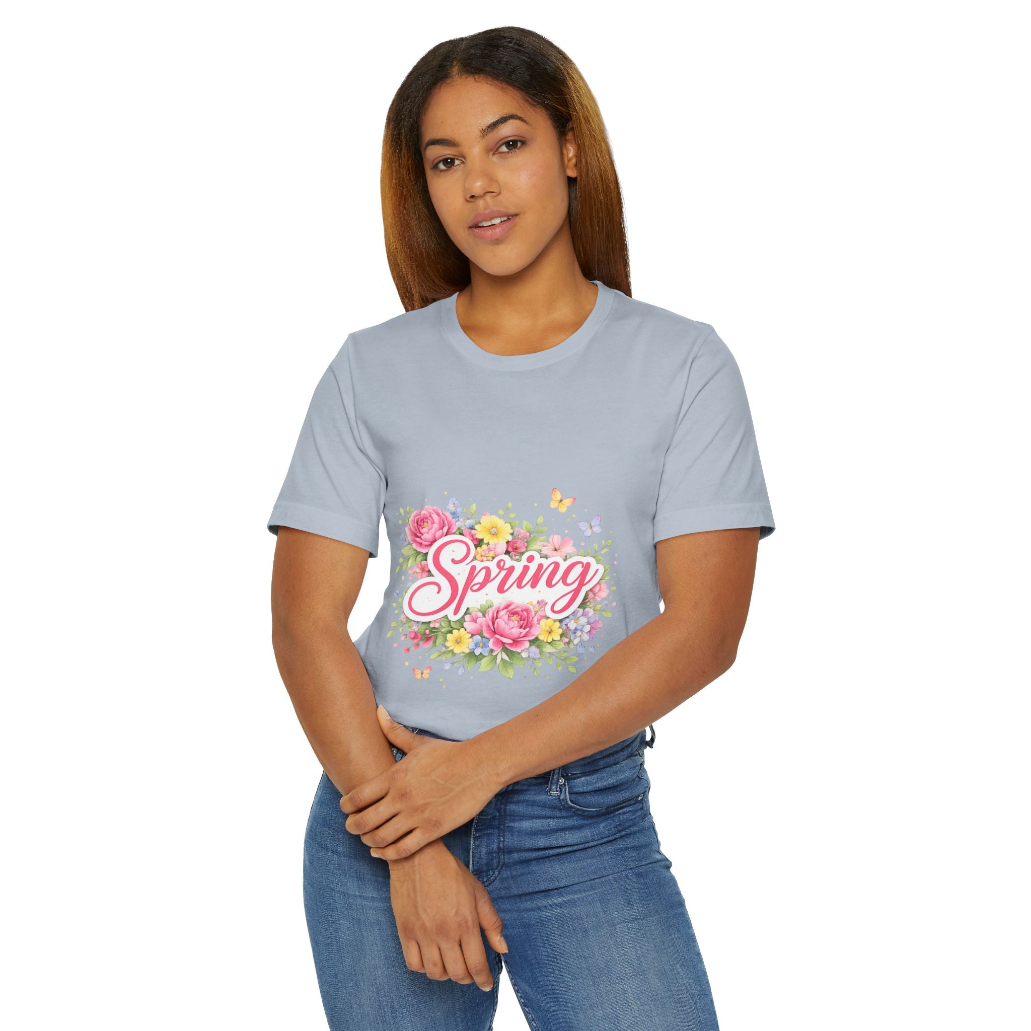 Spring floral script T-Shirt | floral bouquet, butterflies, pastel flowers