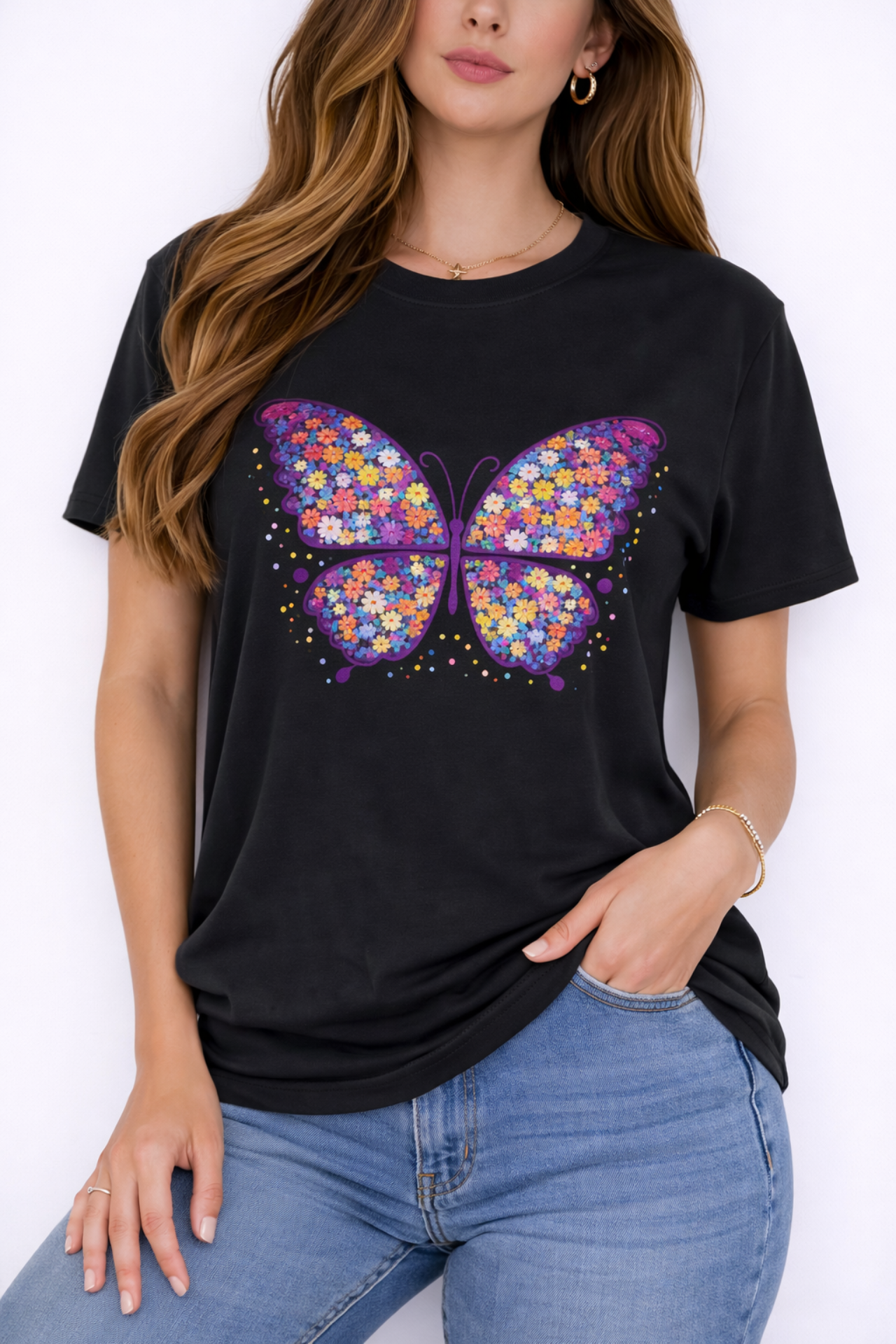 Colorful Butterfly T-Shirt, Floral Butterfly Shirt, Aesthetic Graphic Tee, Spring Summer Shirt, Cute Nature Tee, Gift for Her.Boho Style