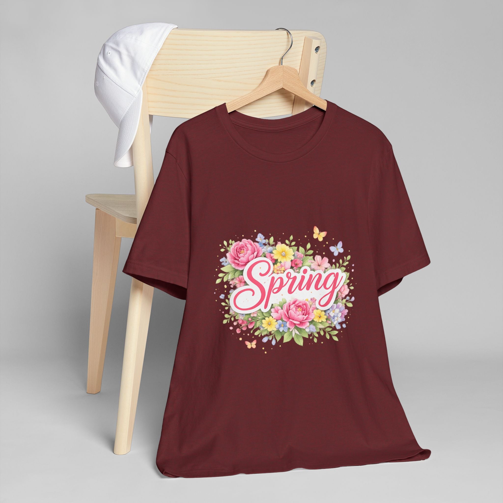Spring floral script T-Shirt | floral bouquet, butterflies, pastel flowers