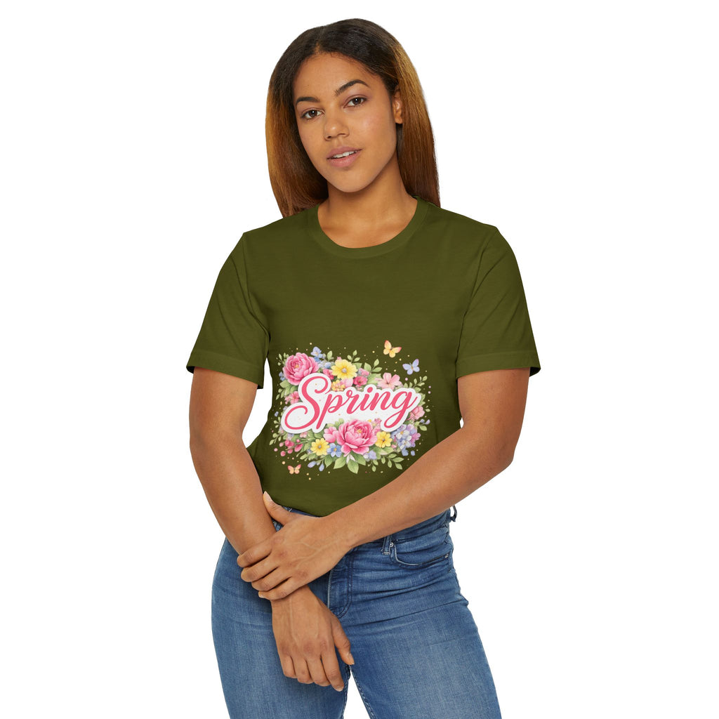 Spring floral script T-Shirt | floral bouquet, butterflies, pastel flowers