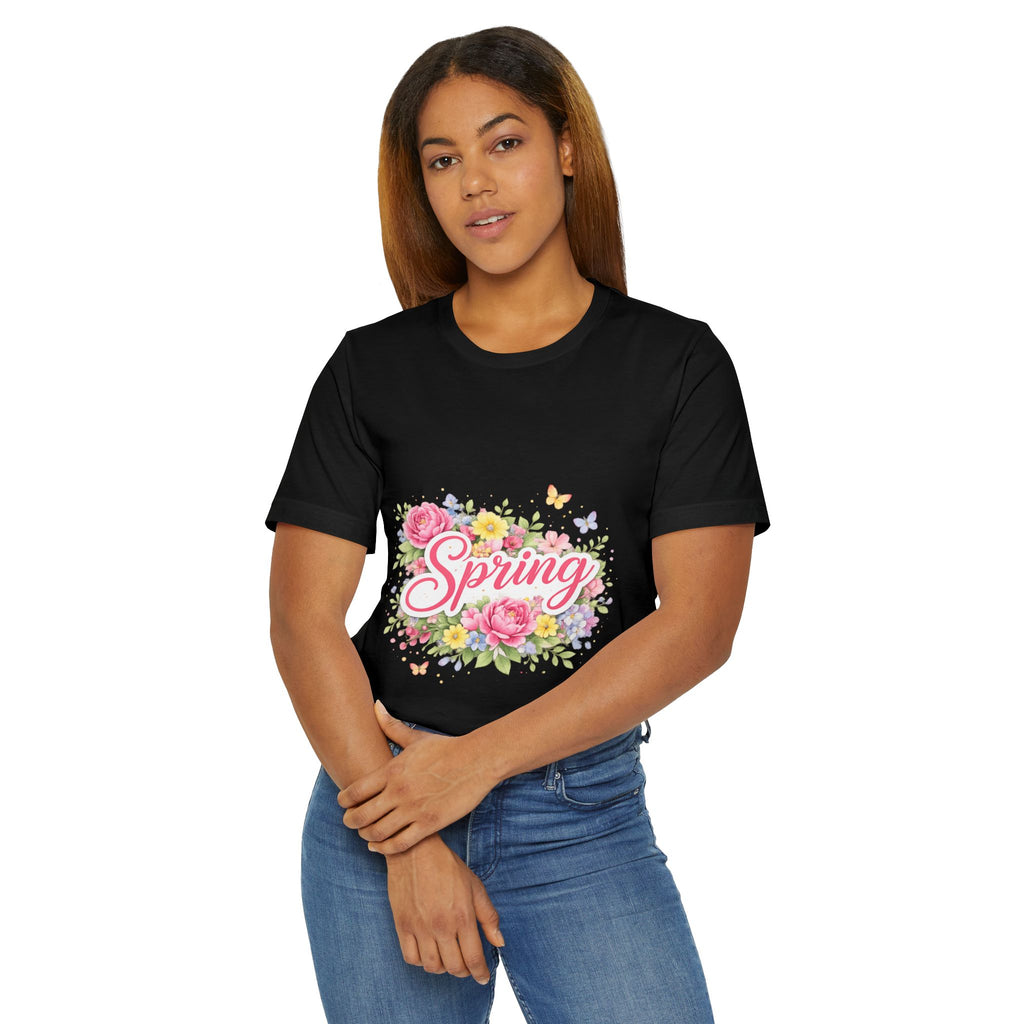 Spring floral script T-Shirt | floral bouquet, butterflies, pastel flowers