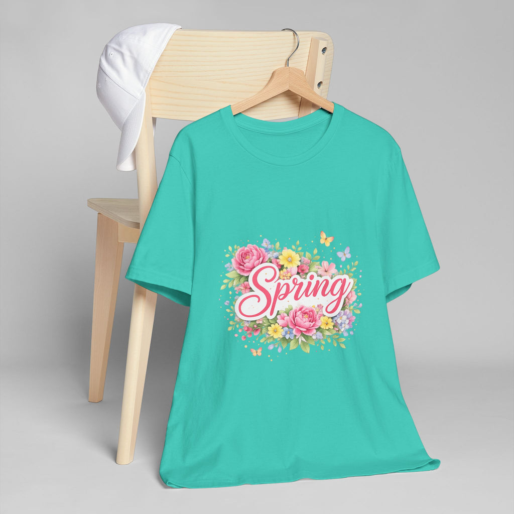 Spring floral script T-Shirt | floral bouquet, butterflies, pastel flowers
