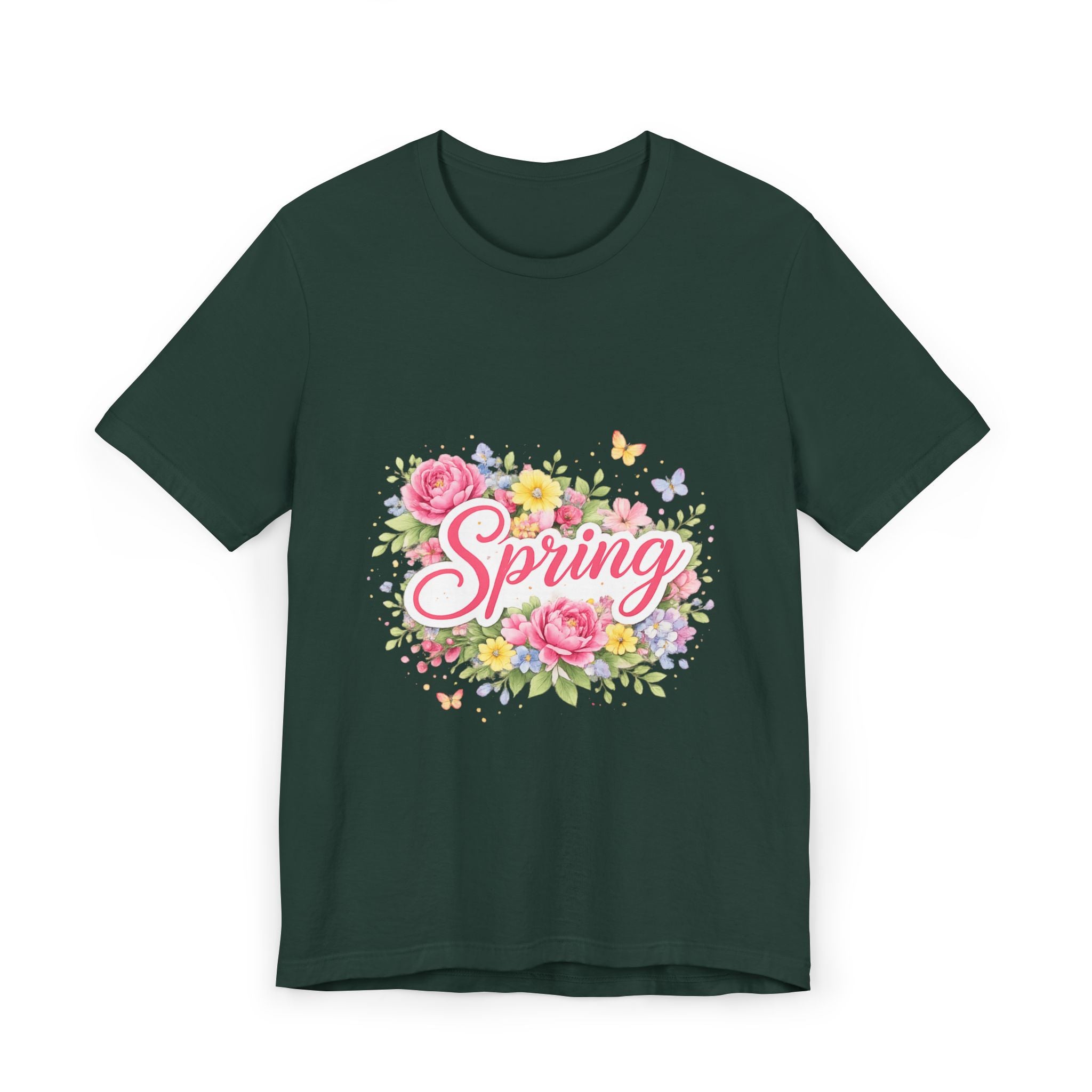 Spring floral script T-Shirt | floral bouquet, butterflies, pastel flowers