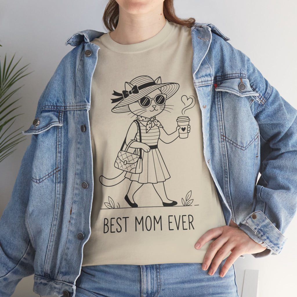 Best Mom Ever cat mom tee | Cute cat with sunglasses illustration