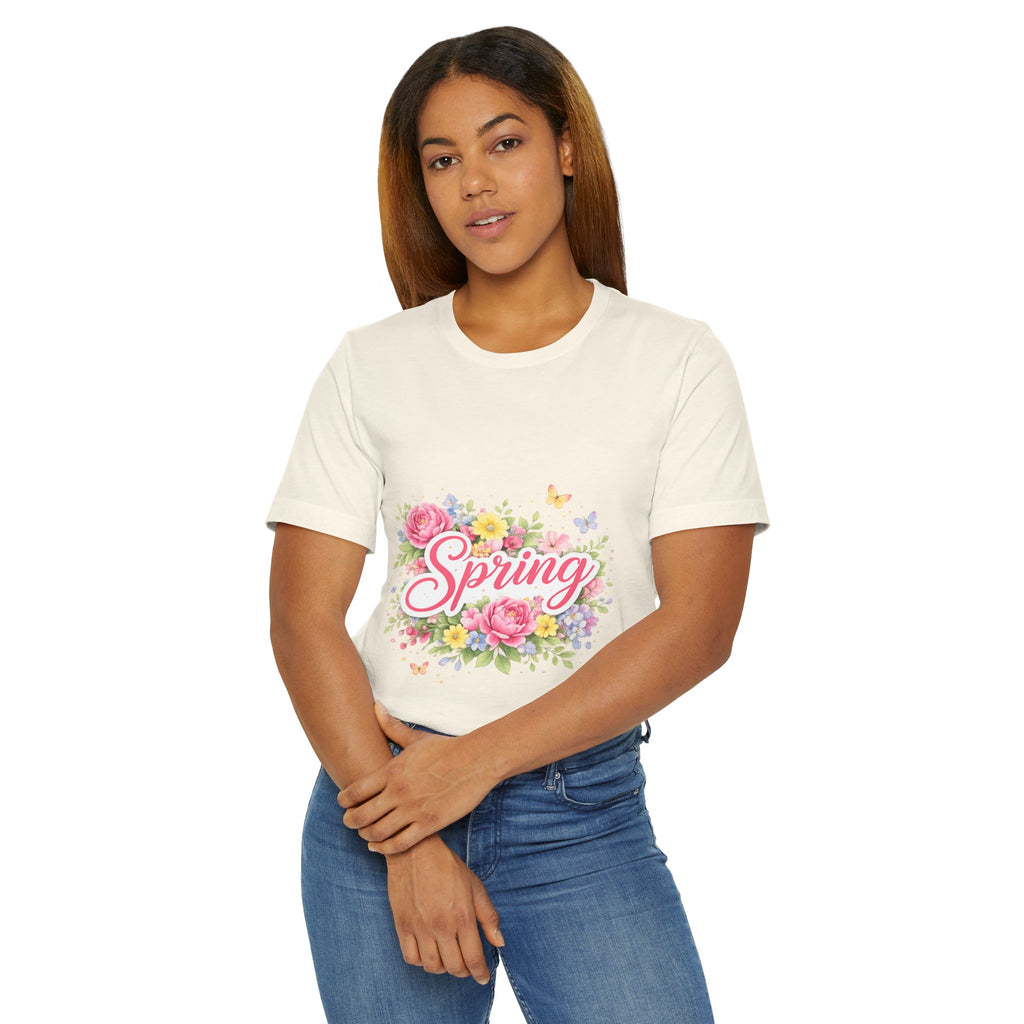 Spring floral script T-Shirt | floral bouquet, butterflies, pastel flowers