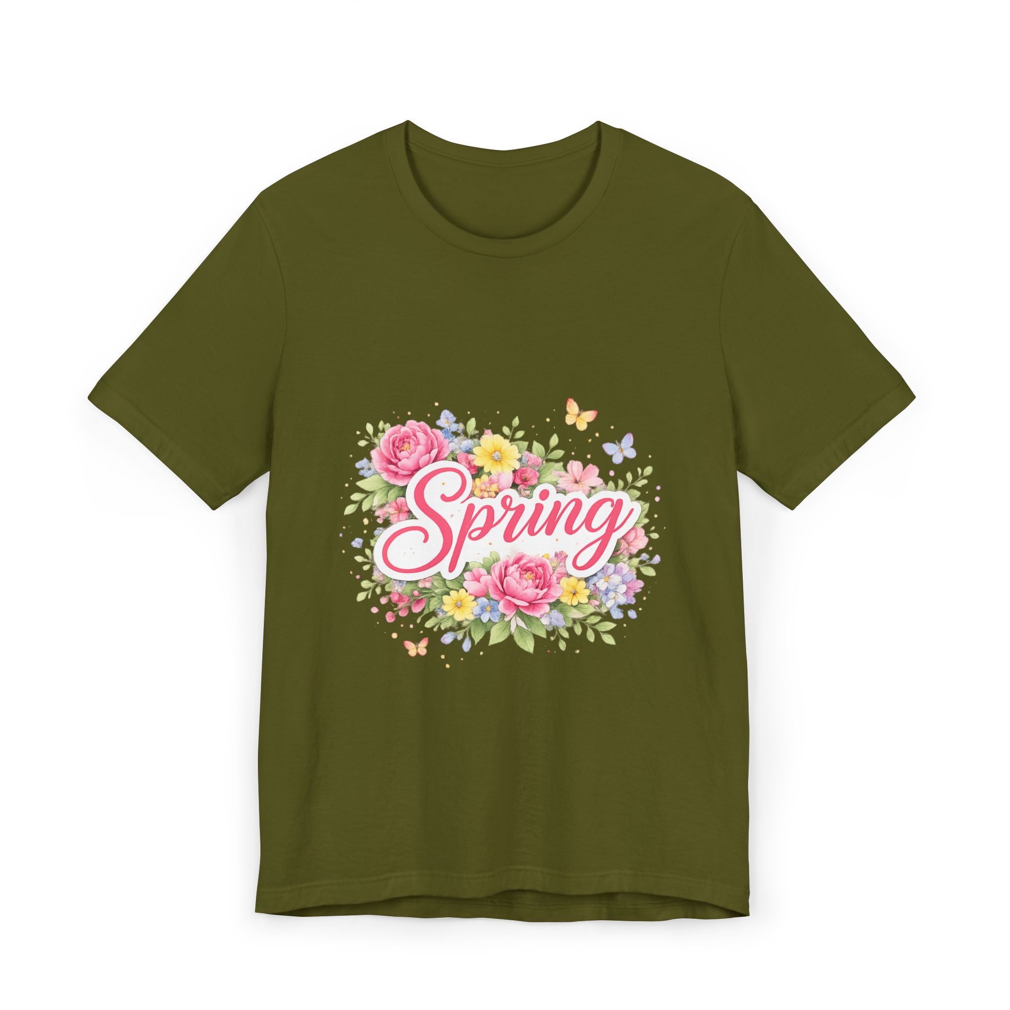 Spring floral script T-Shirt | floral bouquet, butterflies, pastel flowers