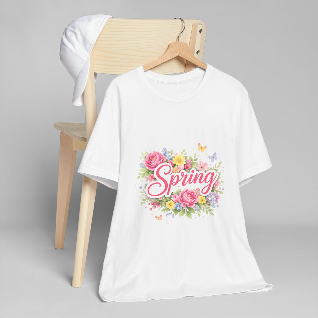 Spring floral script T-Shirt | floral bouquet, butterflies, pastel flowers