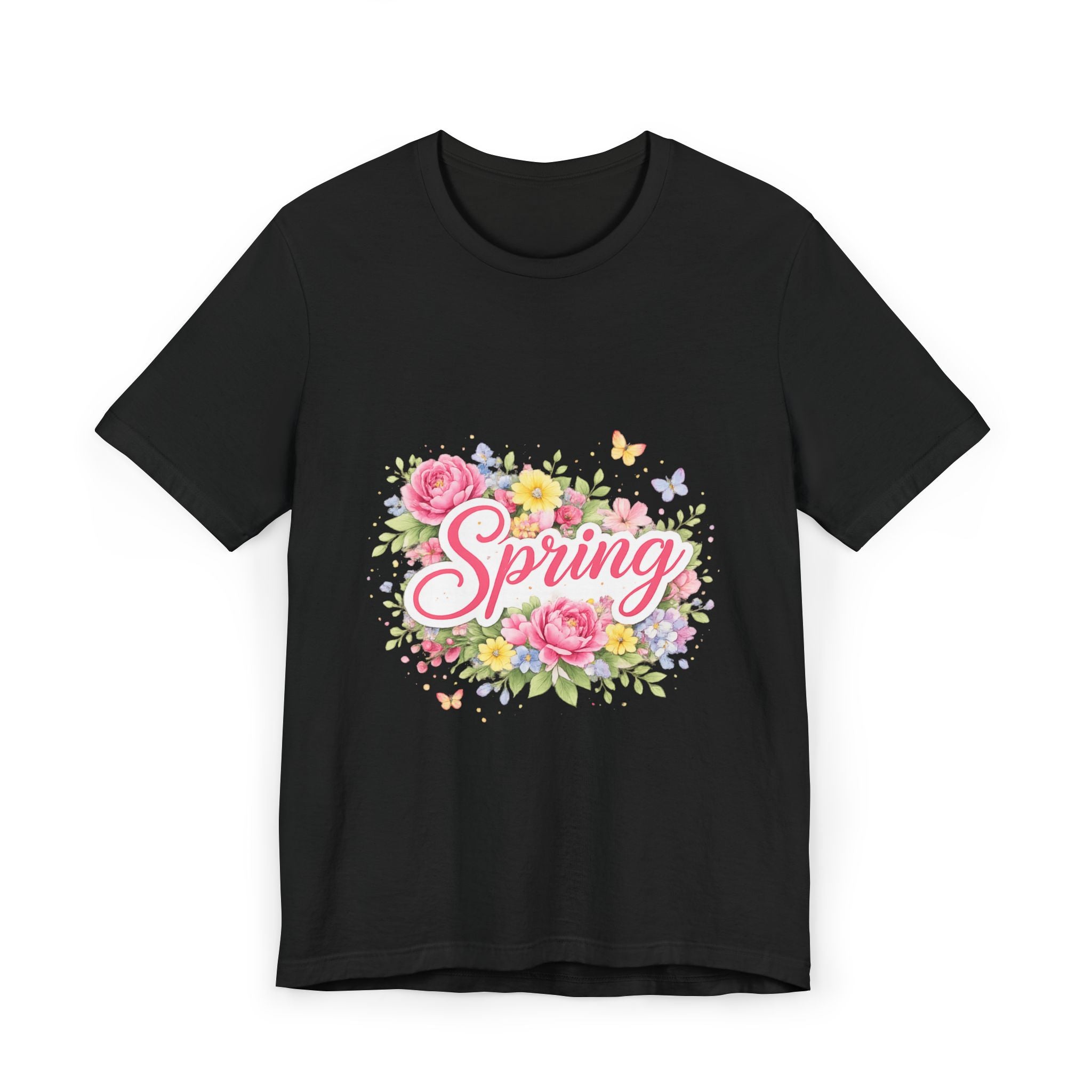 Spring floral script T-Shirt | floral bouquet, butterflies, pastel flowers