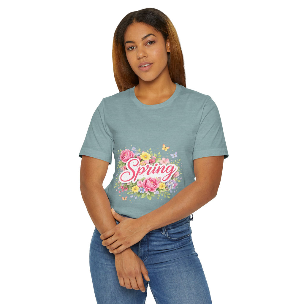 Spring floral script T-Shirt | floral bouquet, butterflies, pastel flowers